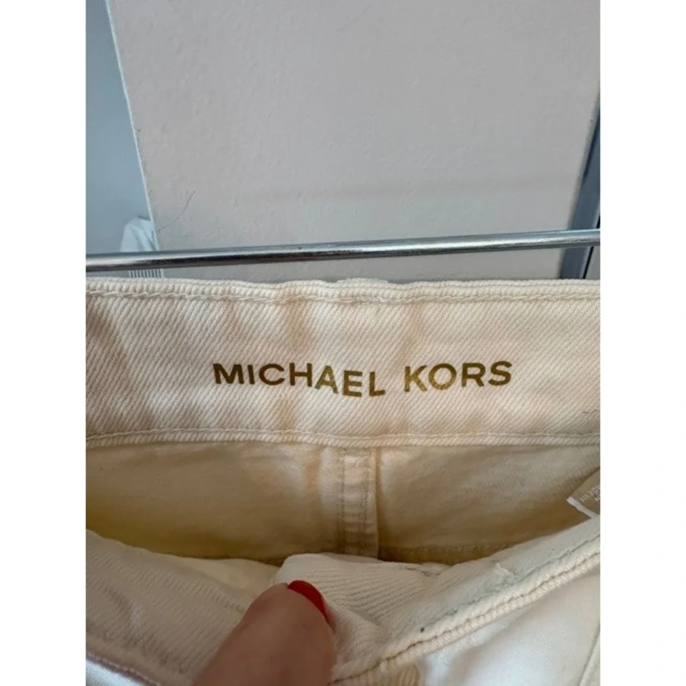 Michael Kors Womens Cream Denim Button Front Pencil Skirt Gold Hardware Size 10
